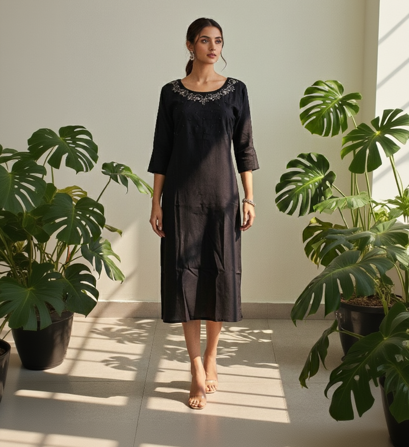 Vertician Black Crushed Nylon A-Line Kurta – Bead Handwork Neck – Premium Party Wear with Lining