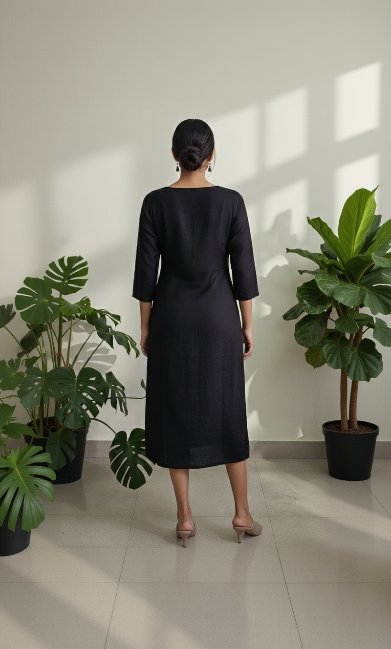 Vertician Black Crushed Nylon A-Line Kurta – Bead Handwork Neck – Premium Party Wear with Lining