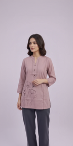Lavender Mist Cotton Short Kurti – Minimalist Floral Sketch Embroidery – Chic Everyday Top
