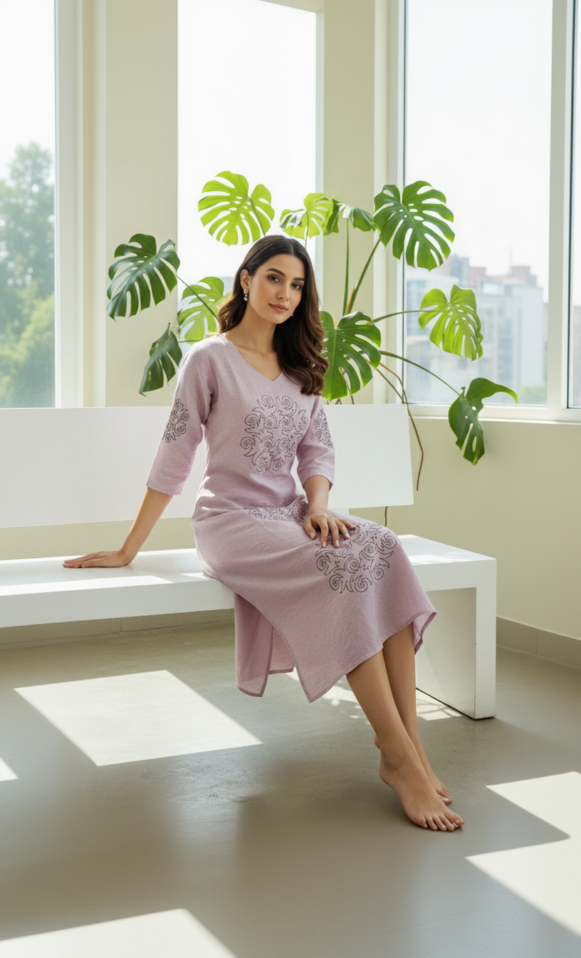 Women’s A-Line Kurti in Crushed Nylon with Scroll Embroidery and Lining