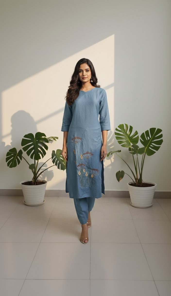 Women's A-Line Kurta Set with Inner Lining – Crushed Nylon Beadwork in Grape Purple & Light Blue