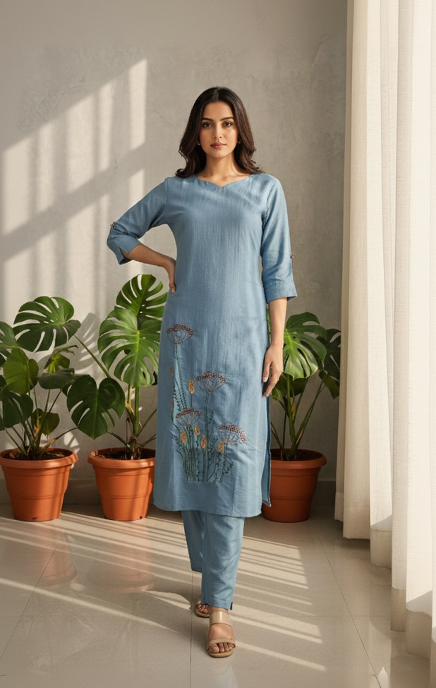 Women's A-Line Kurta Set with Inner Lining – Crushed Nylon Beadwork in Grape Purple & Light Blue