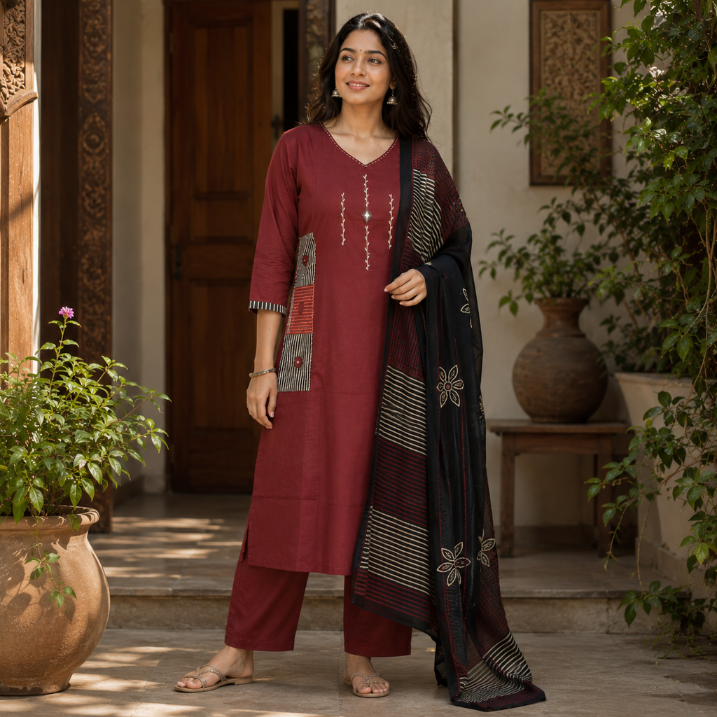 Revanta Maroon Embroidered Kurta Pant Set with Black Printed Dupatta & Mirror work