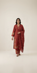 Deep Maroon Pure Cotton Suit Set  With Exquisite Floral Embroidery – Elegant 3-Piece Festive Wear