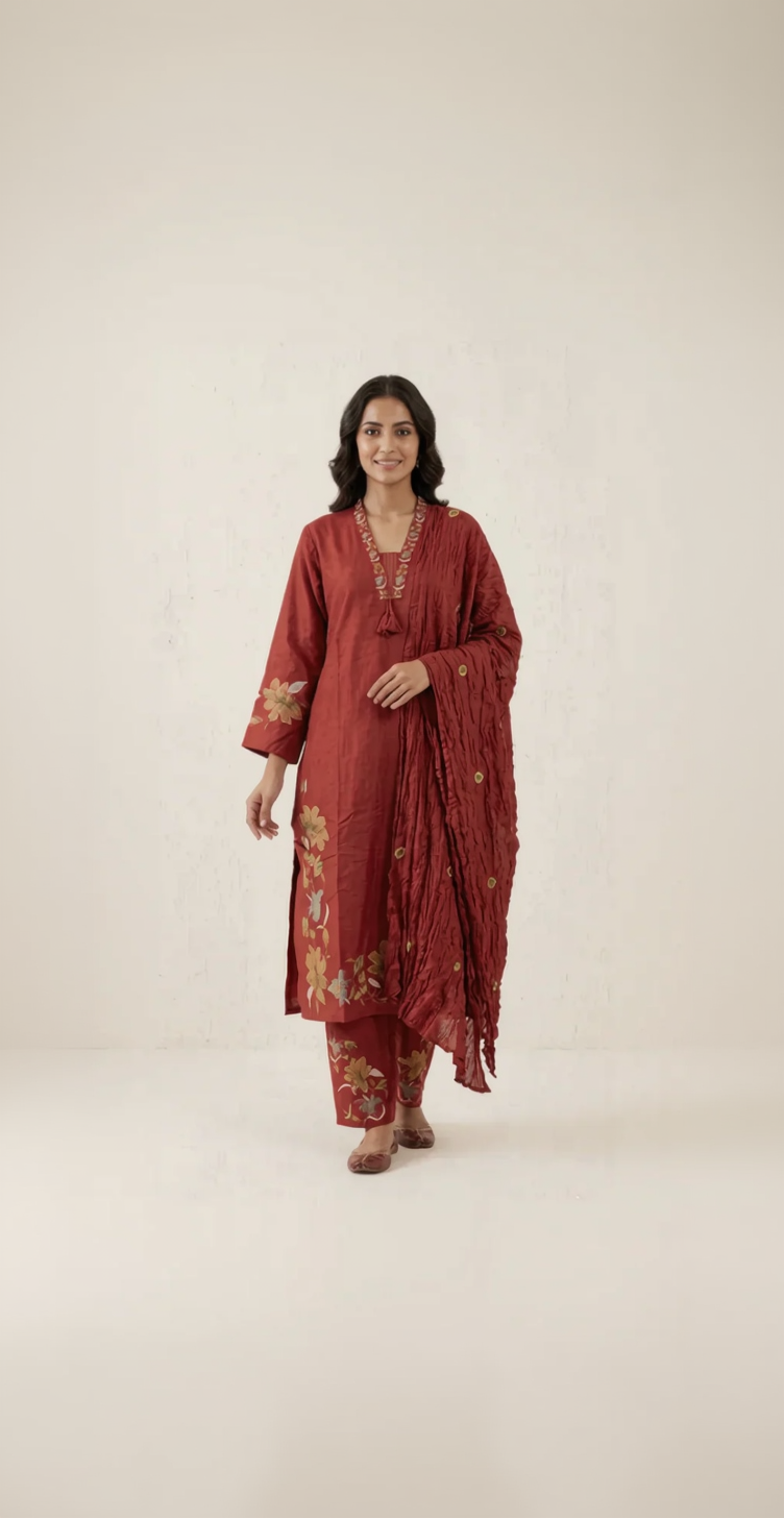 Deep Maroon Pure Cotton Suit Set  With Exquisite Floral Embroidery – Elegant 3-Piece Festive Wear