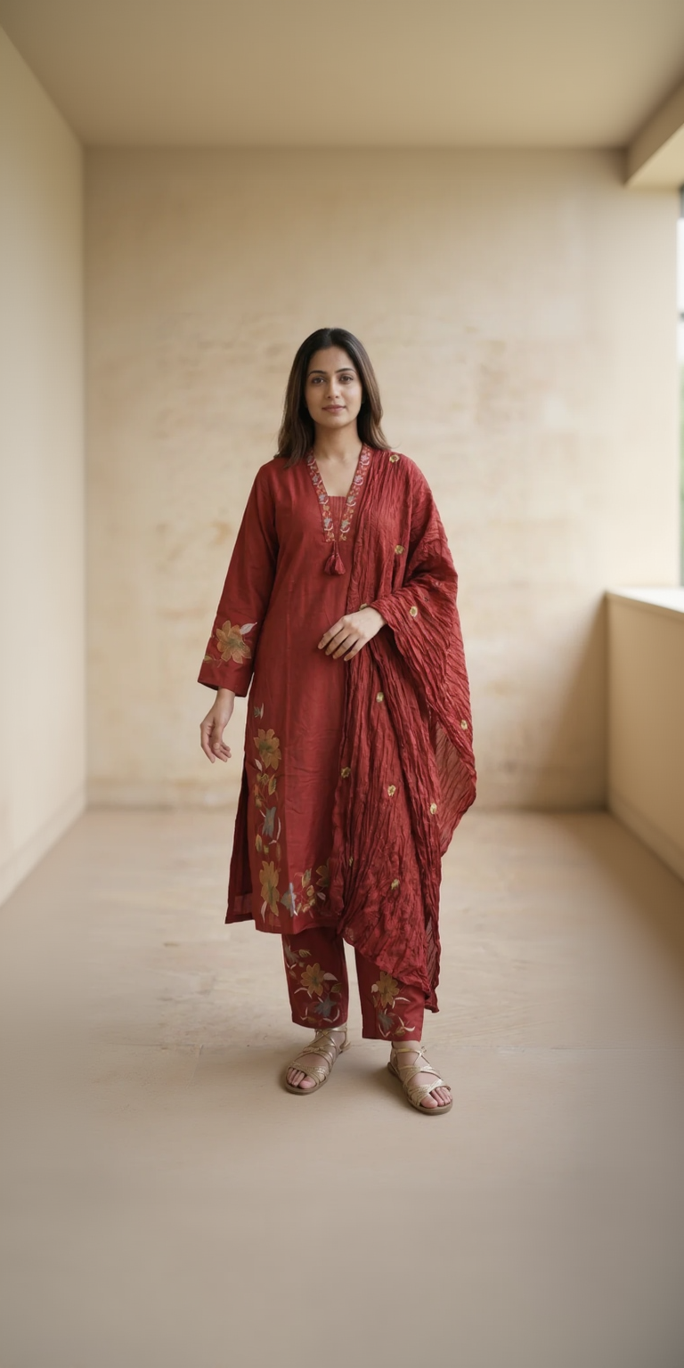 Deep Maroon Pure Cotton Suit Set  With Exquisite Floral Embroidery – Elegant 3-Piece Festive Wear
