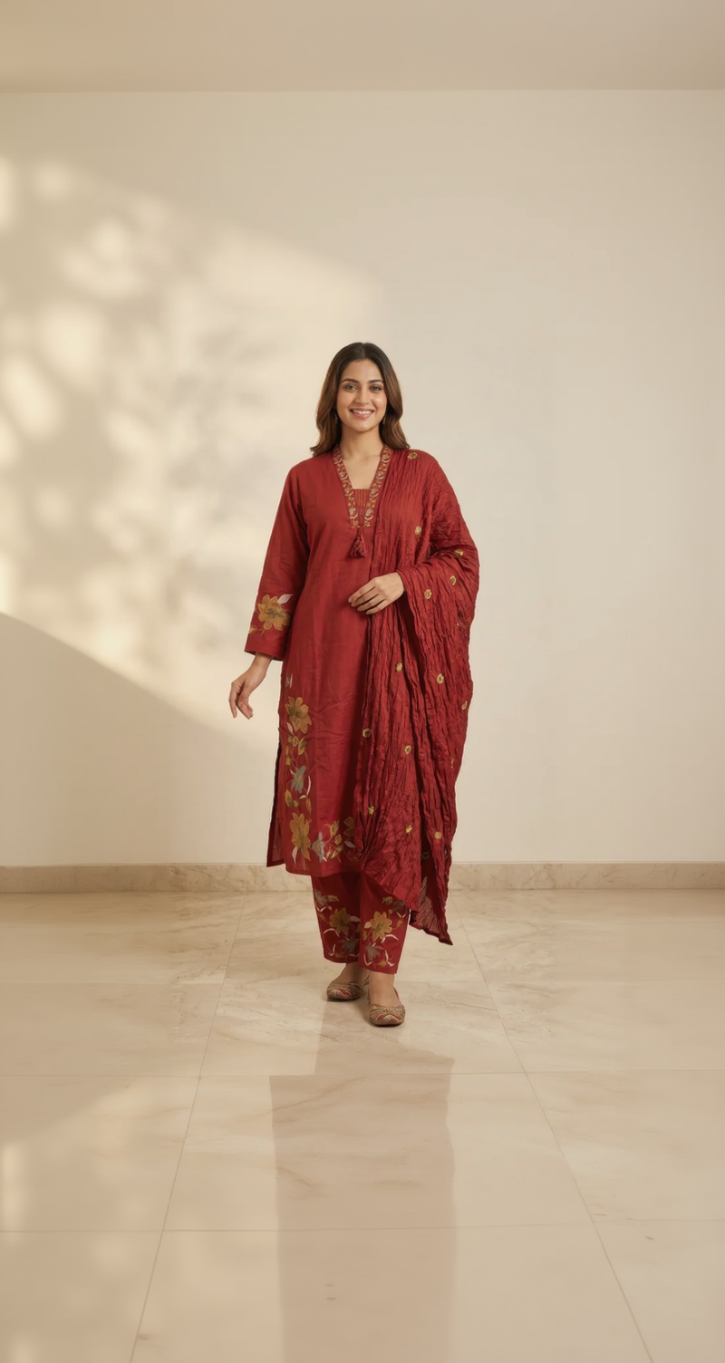 Deep Maroon Pure Cotton Suit Set  With Exquisite Floral Embroidery – Elegant 3-Piece Festive Wear
