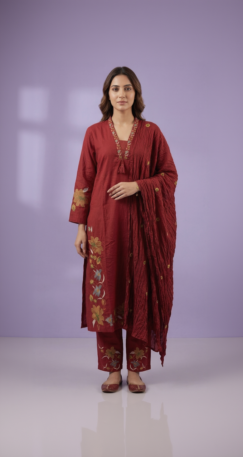 Deep Maroon Pure Cotton Suit Set  With Exquisite Floral Embroidery – Elegant 3-Piece Festive Wear