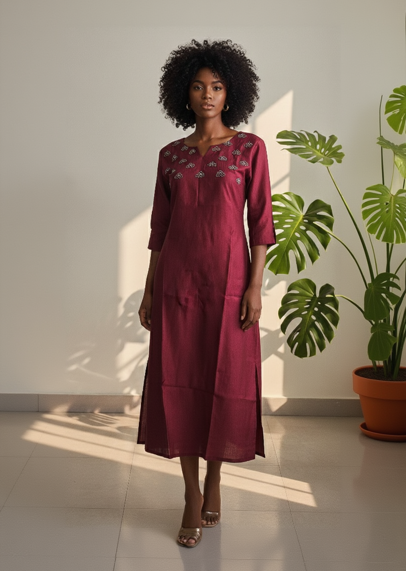 Vertician Maroon A-Line Kurta – Textured Fabric with Handwork Detail – Premium Women's Ethnic Wear