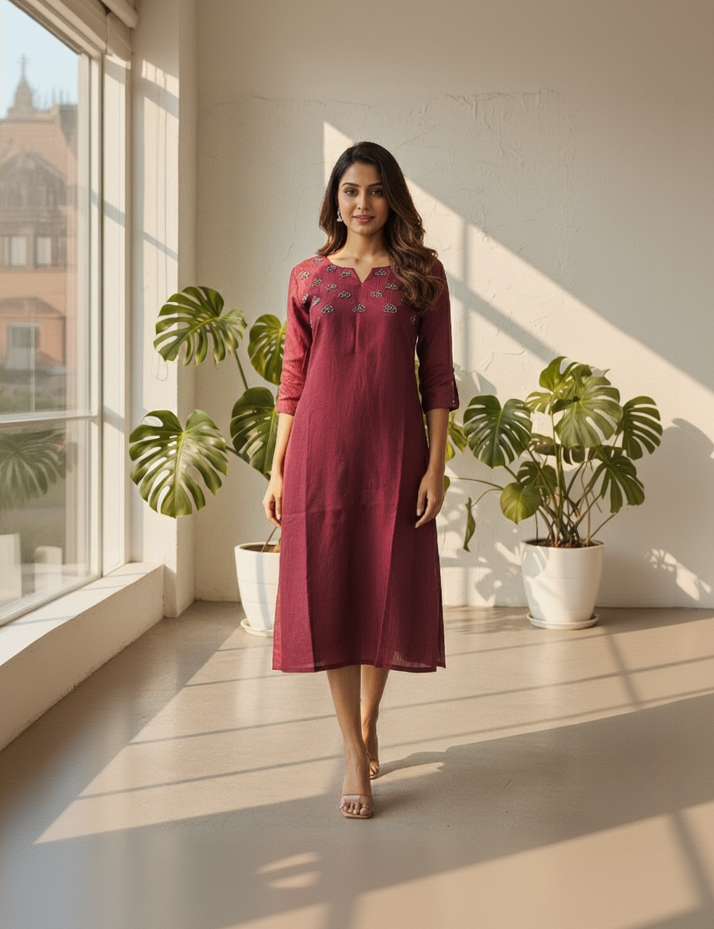 Vertician Maroon A-Line Kurta – Textured Fabric with Handwork Detail – Premium Women's Ethnic Wear