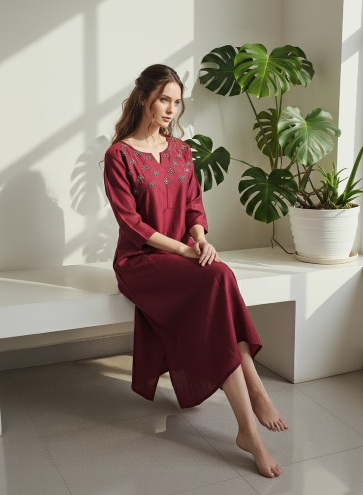 Vertician Maroon A-Line Kurta – Textured Fabric with Handwork Detail – Premium Women's Ethnic Wear