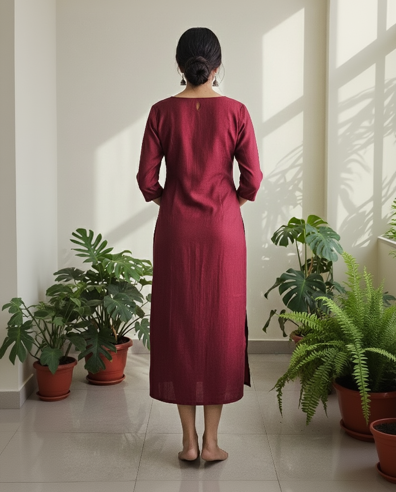 Vertician Maroon A-Line Kurta – Textured Fabric with Handwork Detail – Premium Women's Ethnic Wear