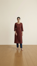 Anvita Rust Maroon Cotton Slub Kurta – Striped Yoke & Bead Accents – Sophisticated Daily Wear