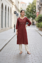Anvita Rust Maroon Cotton Slub Kurta – Striped Yoke & Bead Accents – Sophisticated Daily Wear