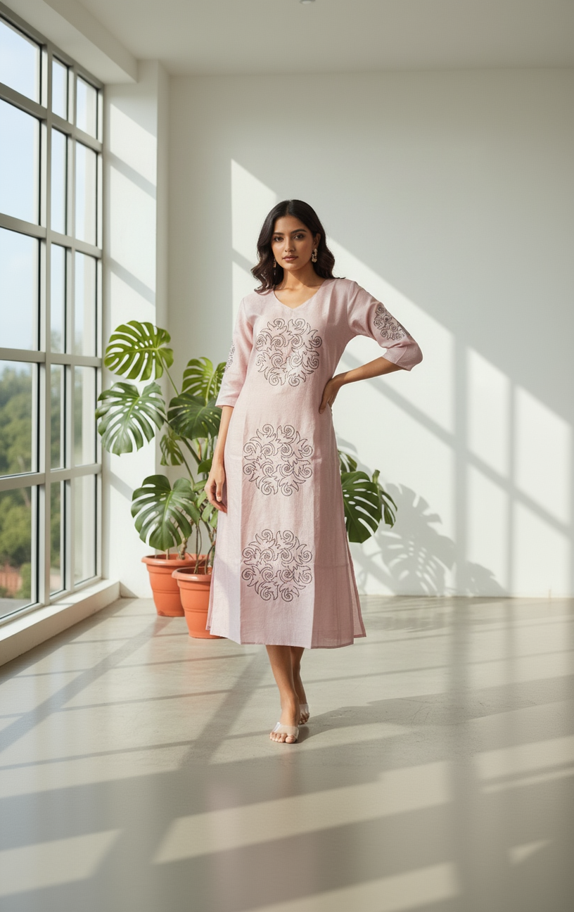 Women’s A-Line Kurti in Crushed Nylon with Scroll Embroidery and Lining