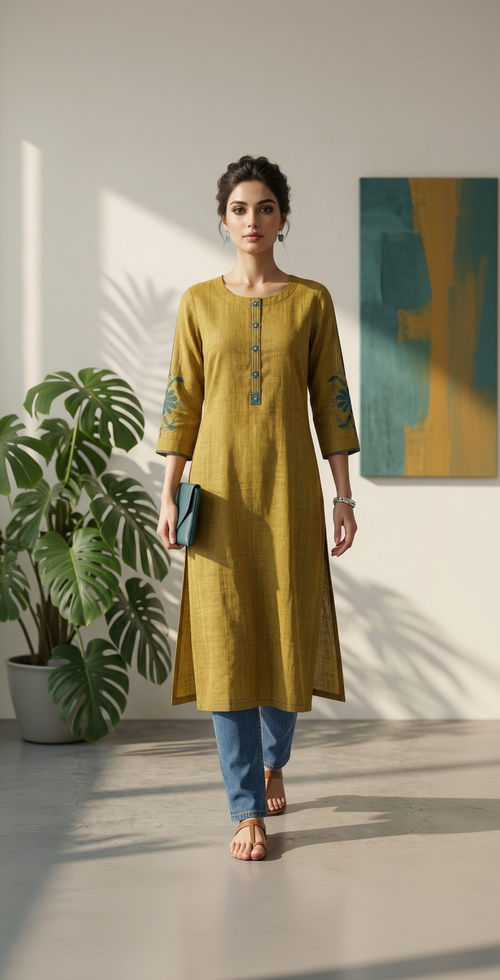 Anvita Mustard Yellow Cotton-Linen Kurta – Teal Floral Embroidery – Elegant Round Neck Daily Wear for Women