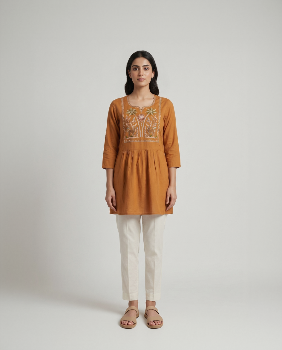 Mustard Yellow Cotton Slub Short Kurti – Intricate Nature-Inspired Embroidery – Gathered Waist