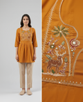 Mustard Yellow Cotton Slub Short Kurti – Intricate Nature-Inspired Embroidery – Gathered Waist