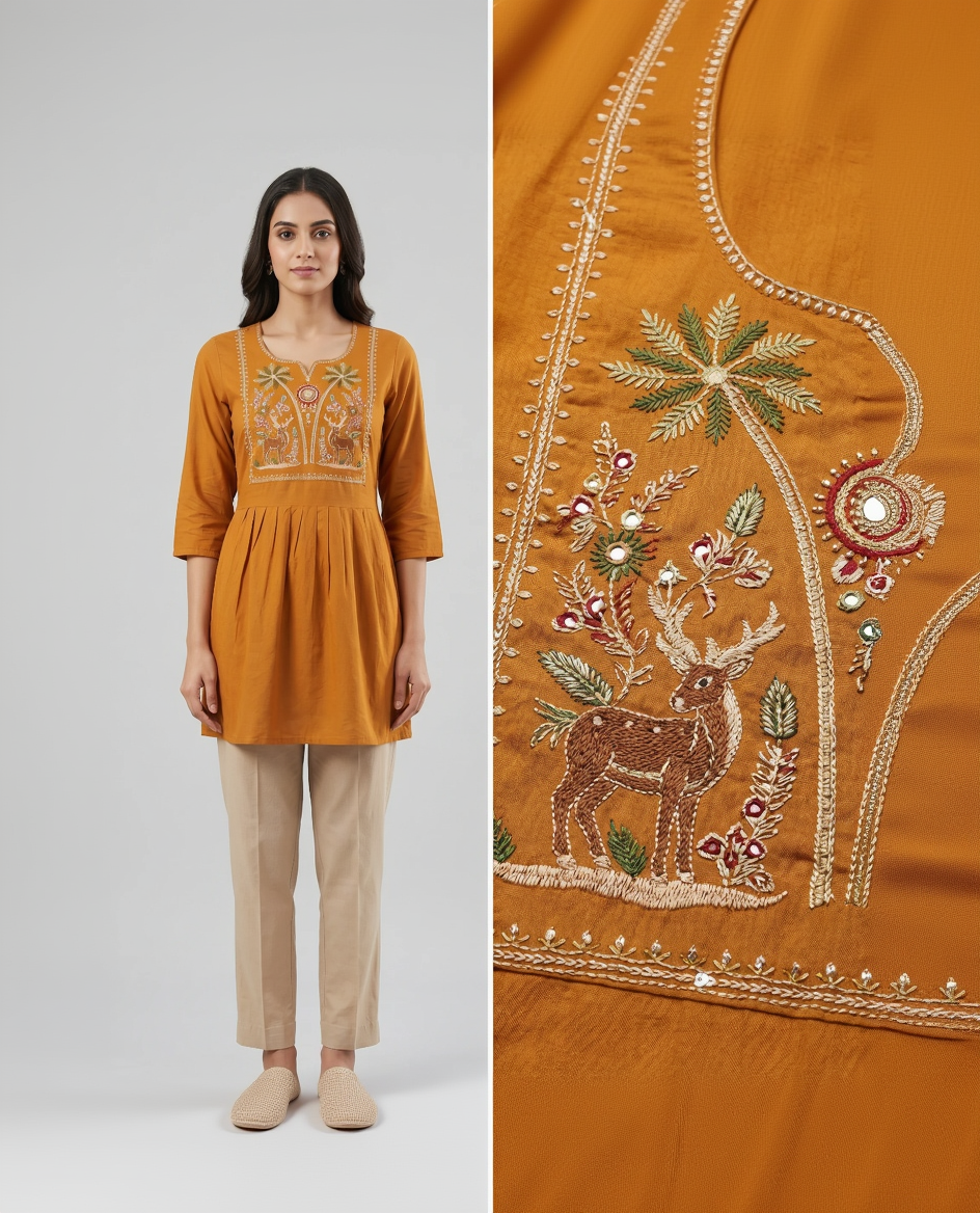 Mustard Yellow Cotton Slub Short Kurti – Intricate Nature-Inspired Embroidery – Gathered Waist