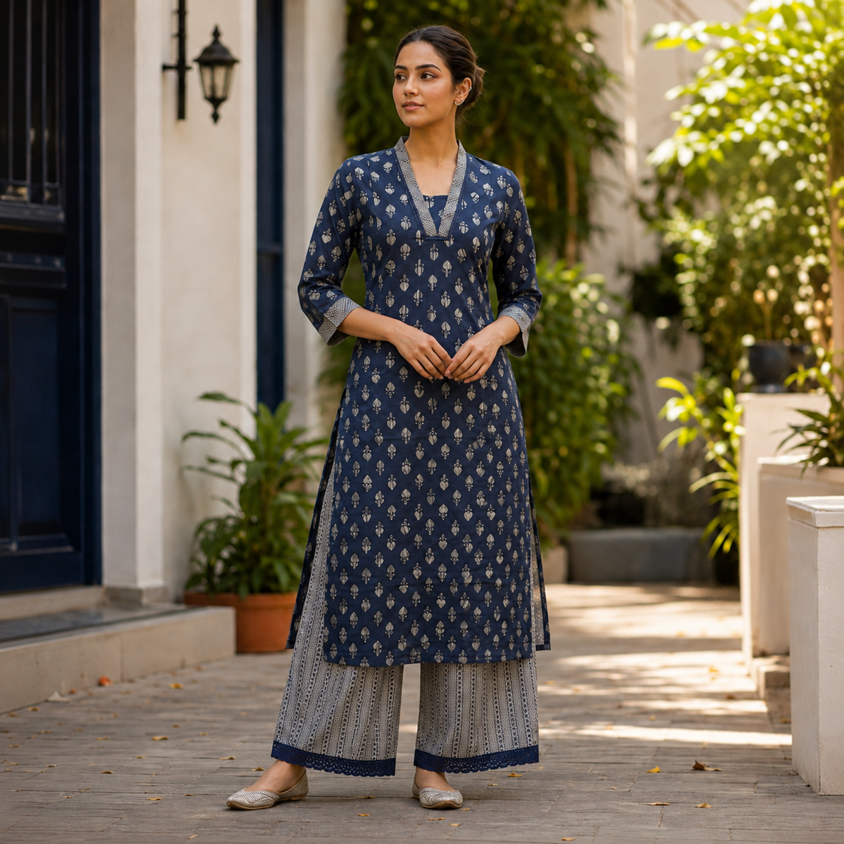 Anvita Elegant Navy Blue Printed Kurta with Palazzo Set  | V-Neck
