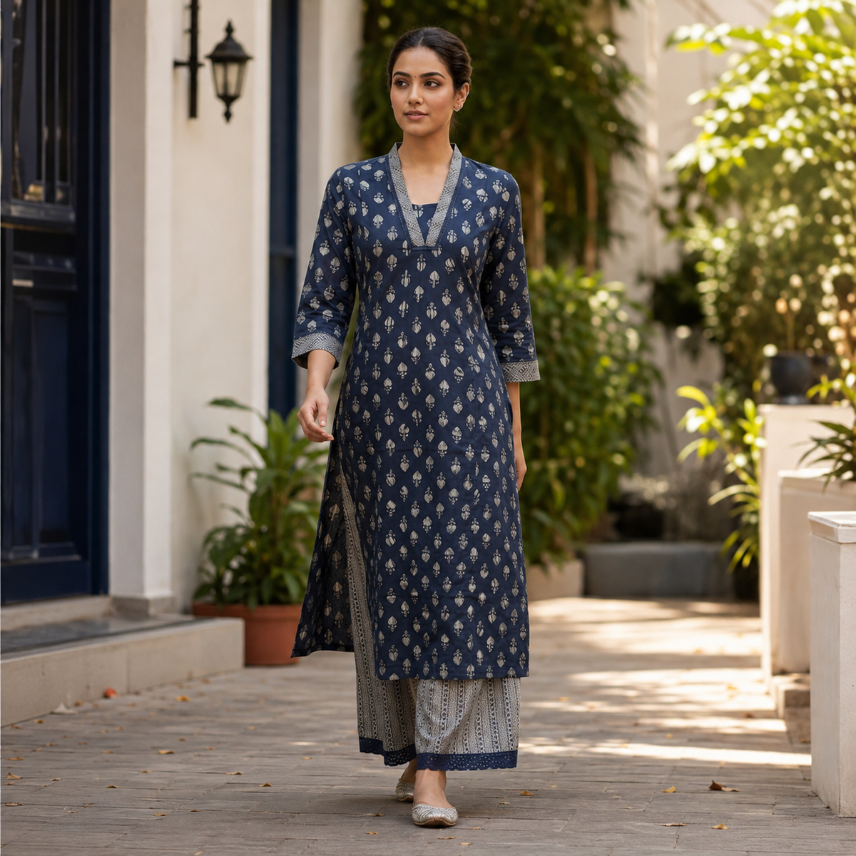 Anvita Elegant Navy Blue Printed Kurta with Palazzo Set  | V-Neck