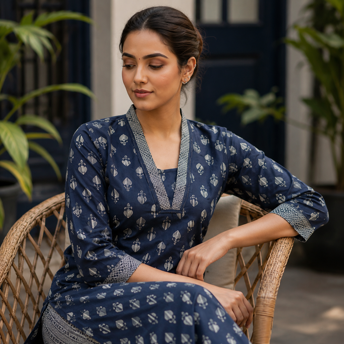 Anvita Elegant Navy Blue Printed Kurta with Palazzo Set  | V-Neck