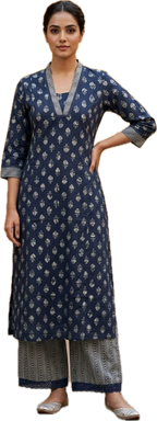 Anvita Elegant Navy Blue Printed Kurta with Palazzo Set  | V-Neck