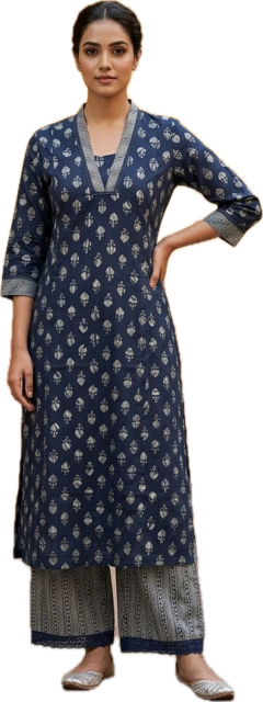 Anvita Elegant Navy Blue Printed Kurta with Palazzo Set  | V-Neck