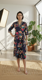 Navy Blue Floral Cotton Kurta – Multi-Color Botanical Print – Elegant V-Neck Daily Wear for Women