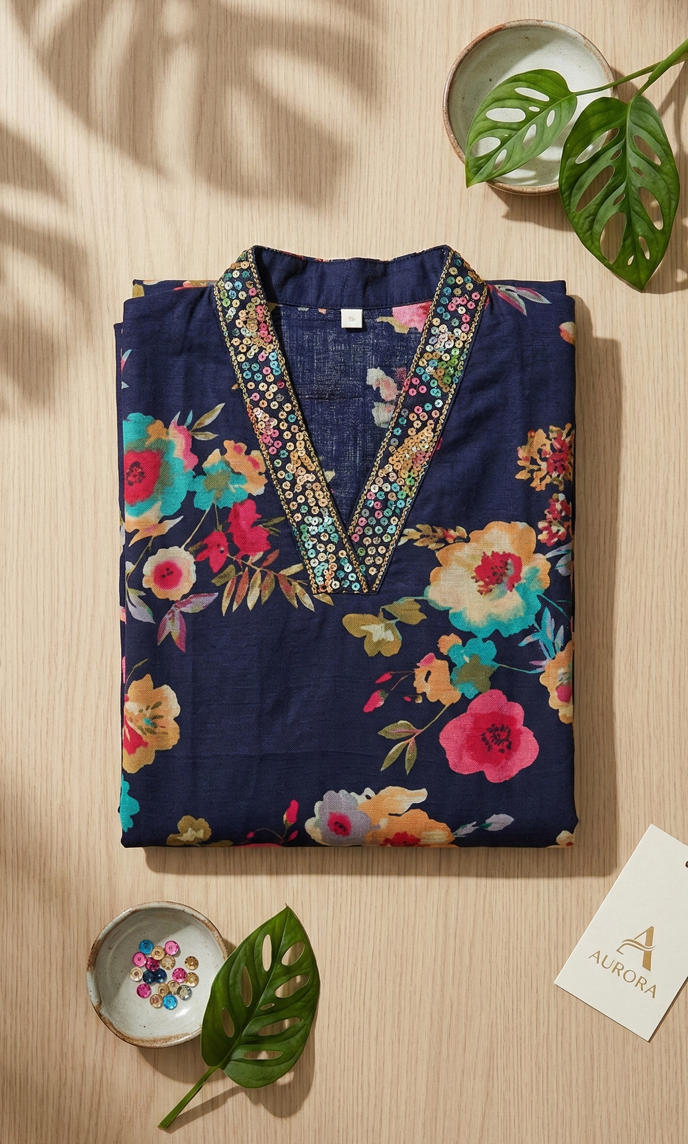 Navy Blue Floral Cotton Kurta – Multi-Color Botanical Print – Elegant V-Neck Daily Wear for Women