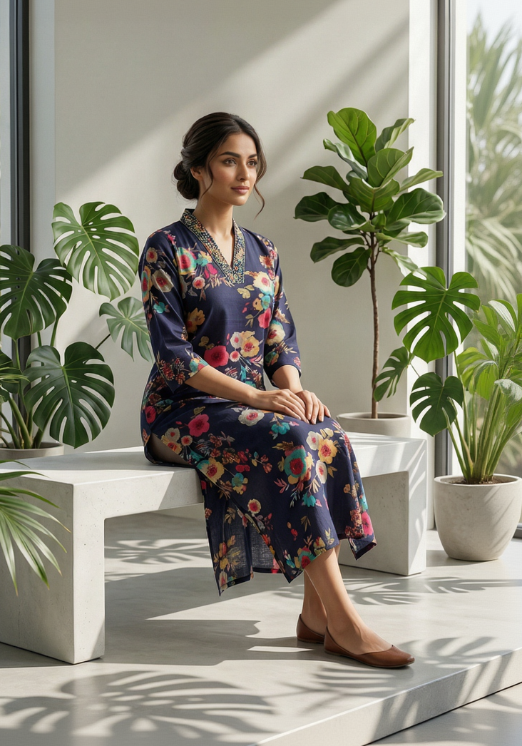 Navy Blue Floral Cotton Kurta – Multi-Color Botanical Print – Elegant V-Neck Daily Wear for Women