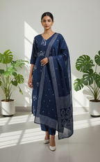 Navy Blue Cotton 3-Piece Set for Women – Geometric Printed Kurta, Pant, and Dupatta for Daily Wear