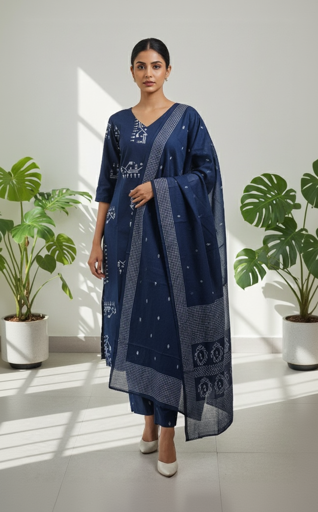 Navy Blue Cotton 3-Piece Set for Women – Geometric Printed Kurta, Pant, and Dupatta for Daily Wear