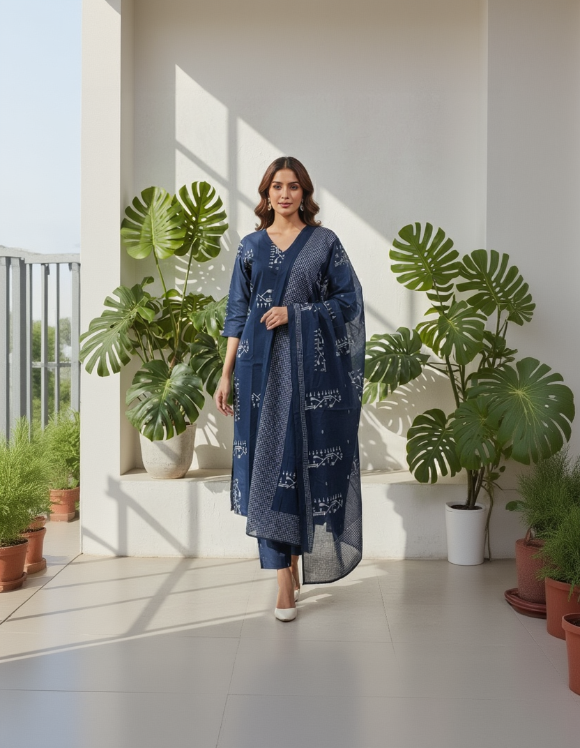 Navy Blue Cotton 3-Piece Set for Women – Geometric Printed Kurta, Pant, and Dupatta for Daily Wear