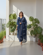 Navy Blue Cotton 3-Piece Set for Women – Geometric Printed Kurta, Pant, and Dupatta for Daily Wear