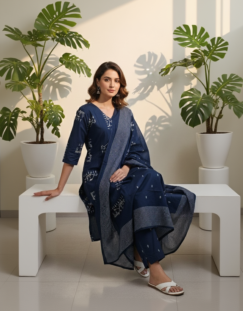 Navy Blue Cotton 3-Piece Set for Women – Geometric Printed Kurta, Pant, and Dupatta for Daily Wear