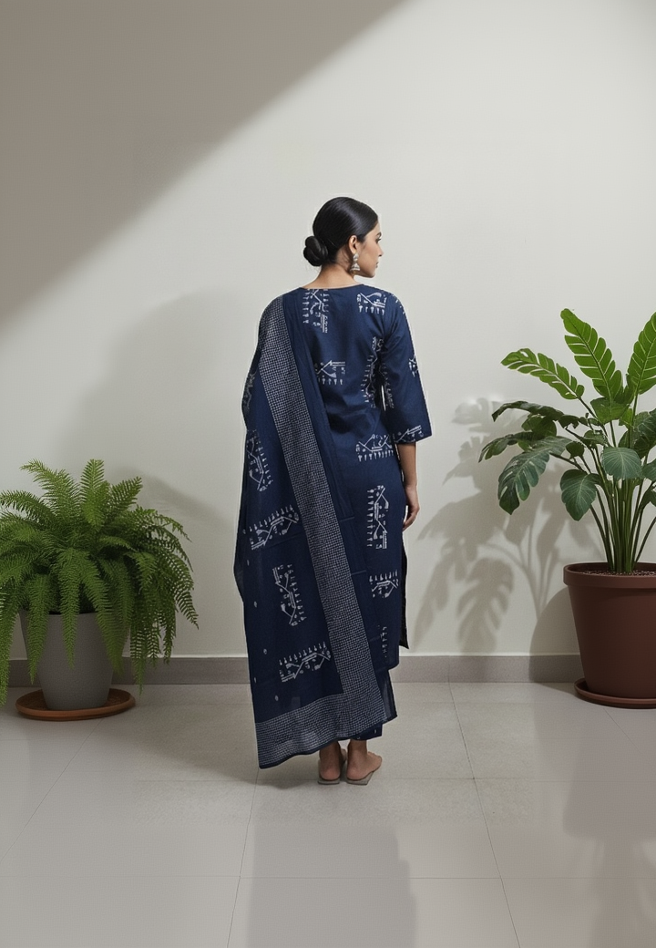 Navy Blue Cotton 3-Piece Set for Women – Geometric Printed Kurta, Pant, and Dupatta for Daily Wear