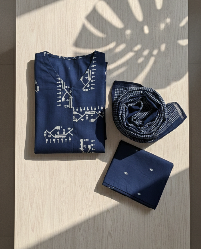 Navy Blue Cotton 3-Piece Set for Women – Geometric Printed Kurta, Pant, and Dupatta for Daily Wear