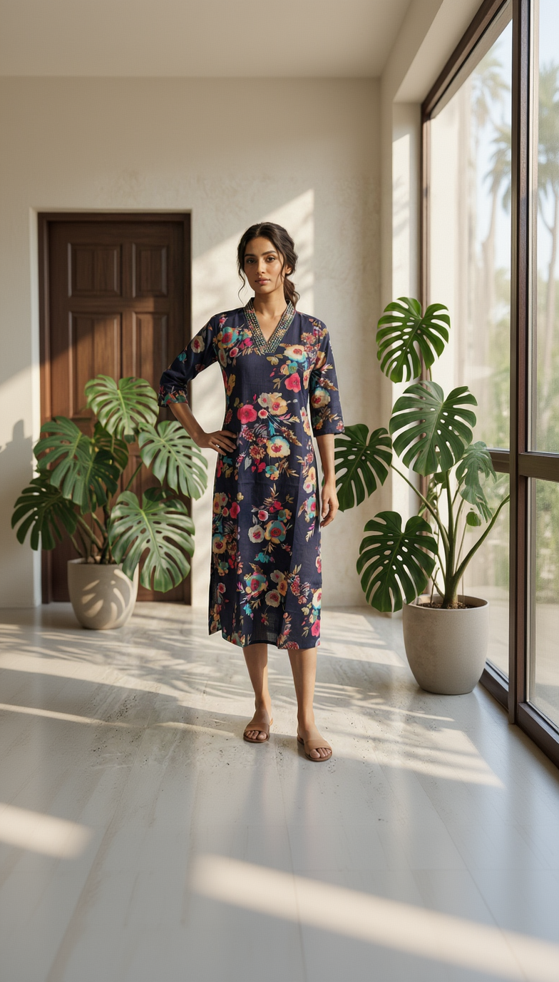 Navy Blue Floral Cotton Kurta – Multi-Color Botanical Print – Elegant V-Neck Daily Wear for Women