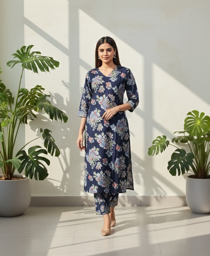 Women's Navy Blue Floral Co-ord Set – Daily Wear Printed Kurta with Matching Pant