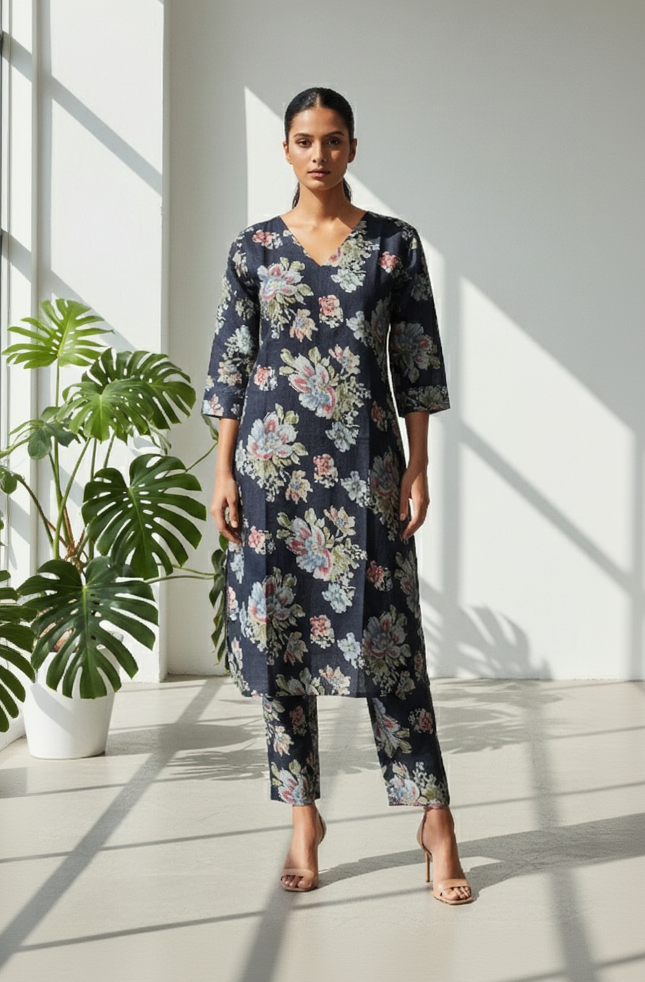 Women's Navy Blue Floral Co-ord Set – Daily Wear Printed Kurta with Matching Pant