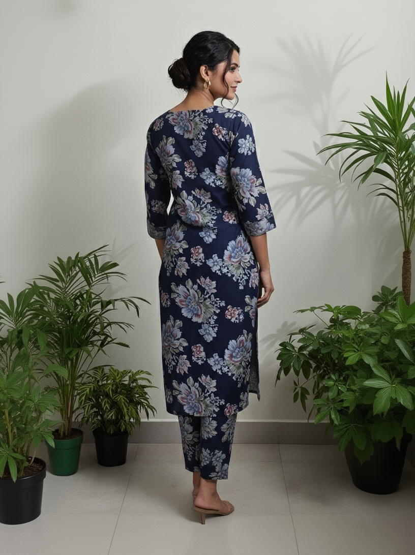 Women's Navy Blue Floral Co-ord Set – Daily Wear Printed Kurta with Matching Pant