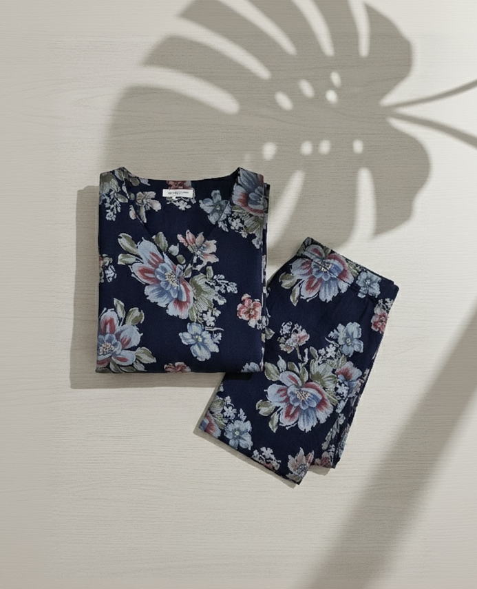 Women's Navy Blue Floral Co-ord Set – Daily Wear Printed Kurta with Matching Pant