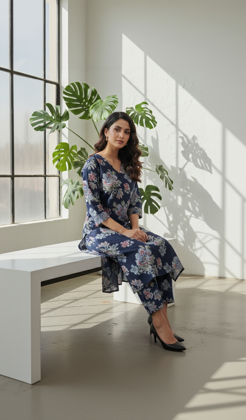 Women's Navy Blue Floral Co-ord Set – Daily Wear Printed Kurta with Matching Pant