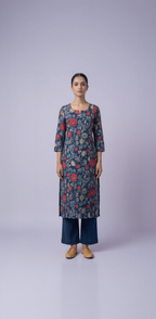 Navy Blue Floral Cotton Kurta Set – Crimson Bloom & Vine Print – Elegant Daily Wear