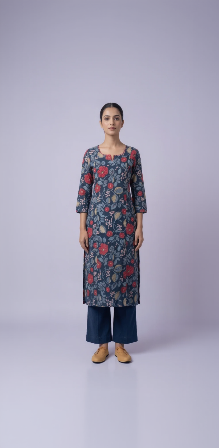 Navy Blue Floral Cotton Kurta Set – Crimson Bloom & Vine Print – Elegant Daily Wear