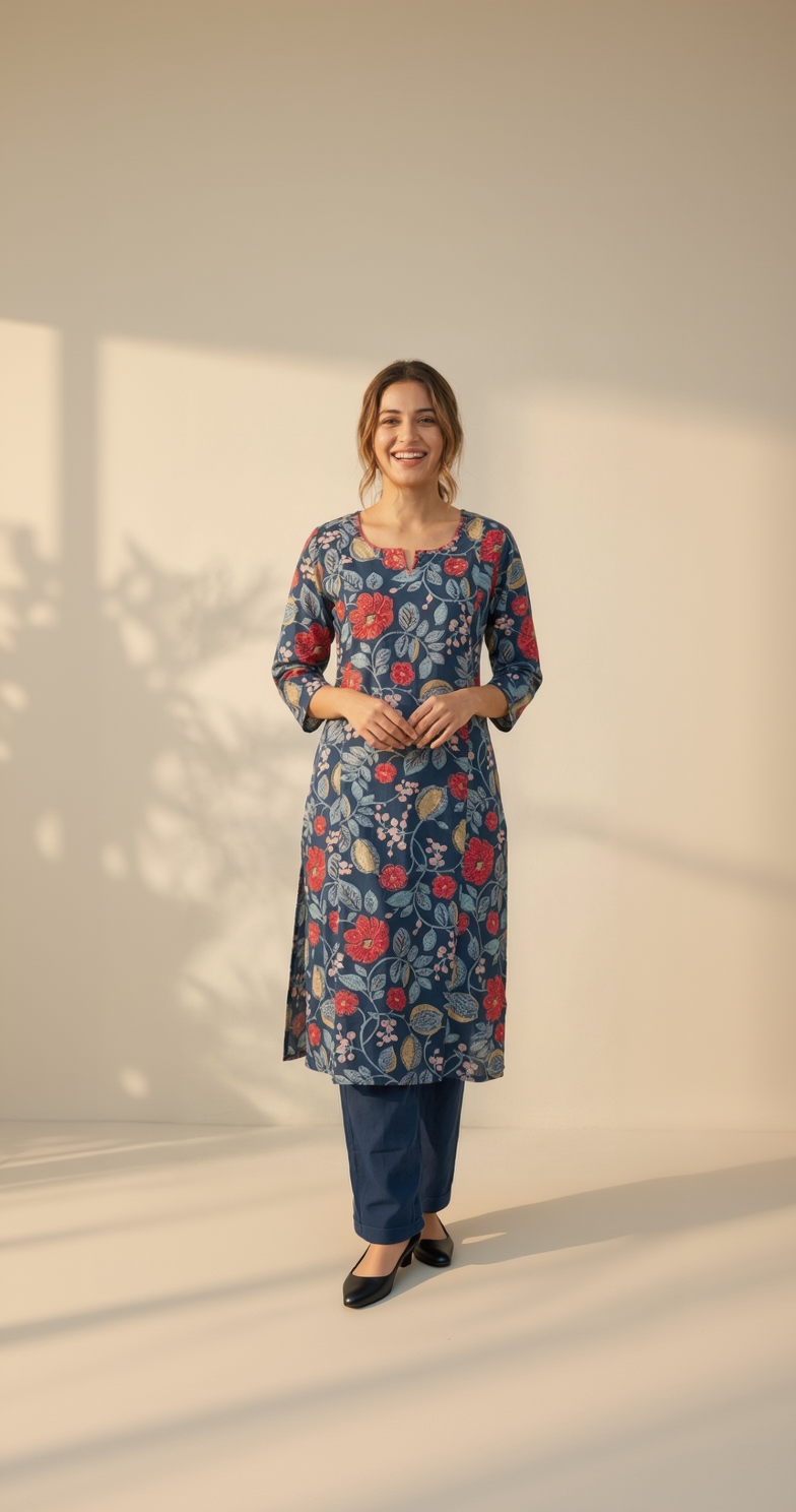 Navy Blue Floral Cotton Kurta Set – Crimson Bloom & Vine Print – Elegant Daily Wear