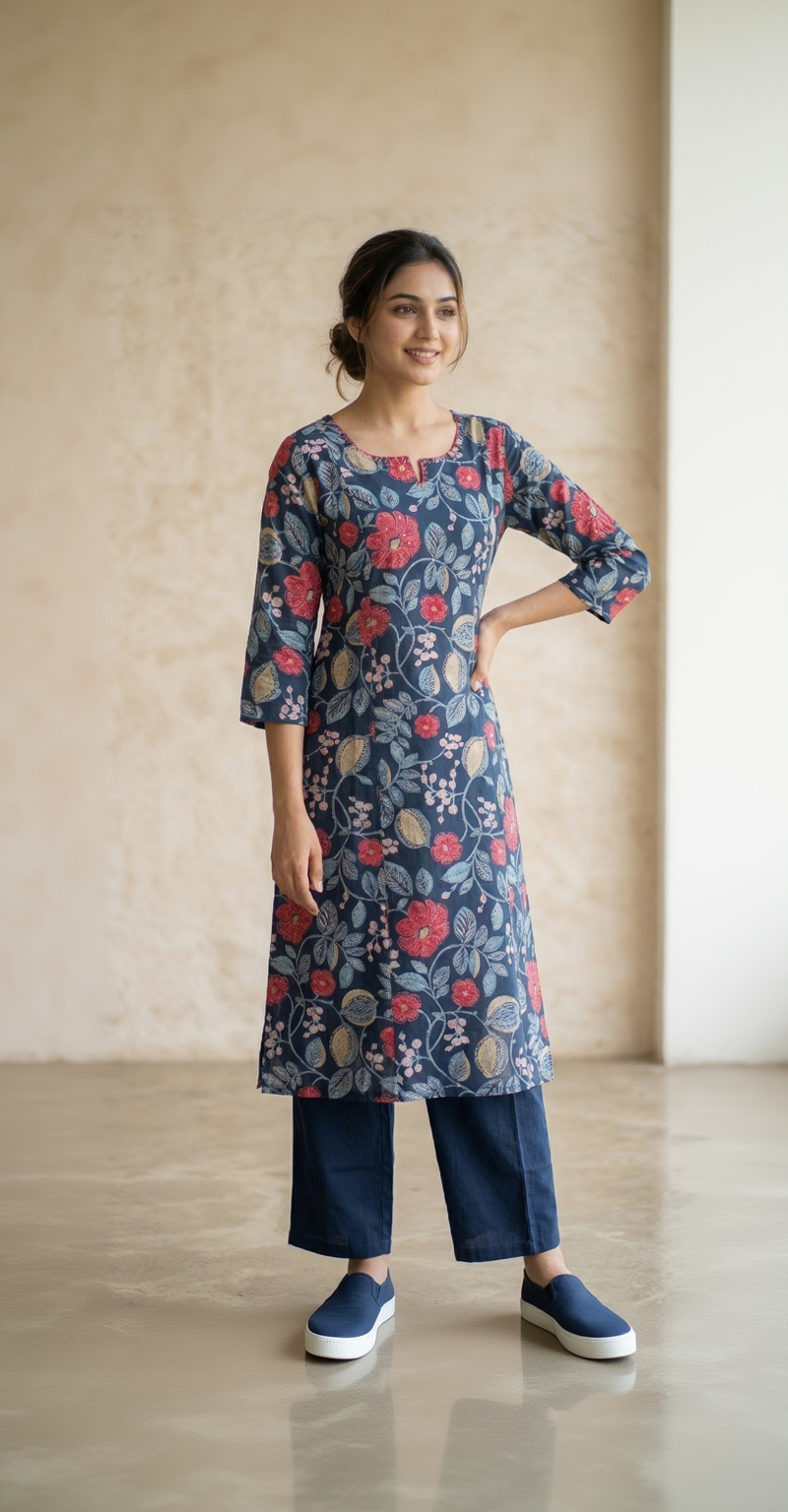 Navy Blue Floral Cotton Kurta Set – Crimson Bloom & Vine Print – Elegant Daily Wear