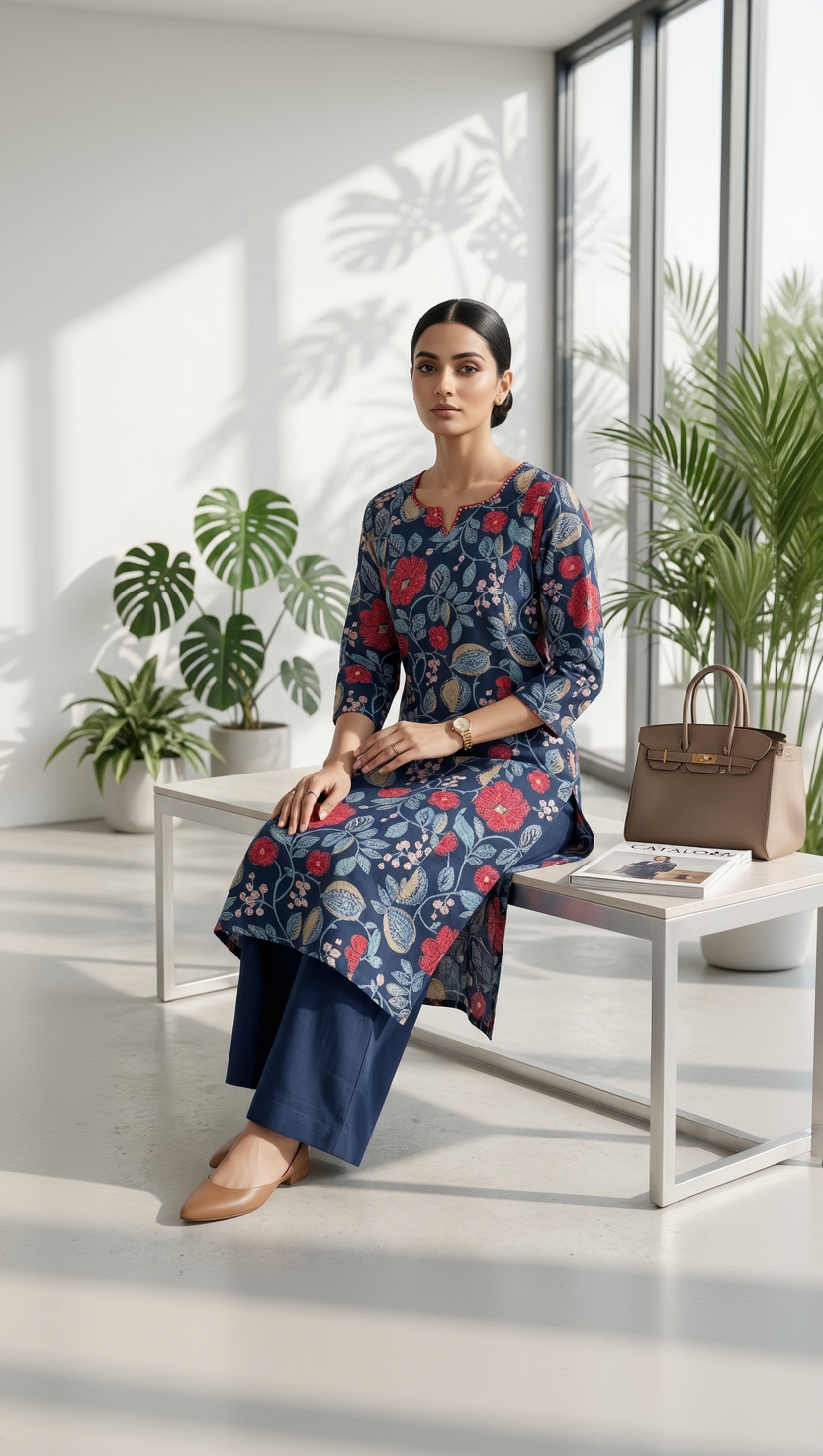Navy Blue Floral Cotton Kurta Set – Crimson Bloom & Vine Print – Elegant Daily Wear