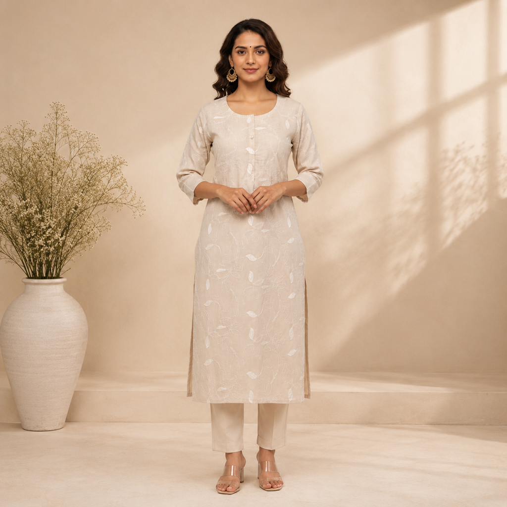 Revanta Off-White Cotton Slub Kurta – Subtle Thread-Work Vine Pattern – Contemporary Chic